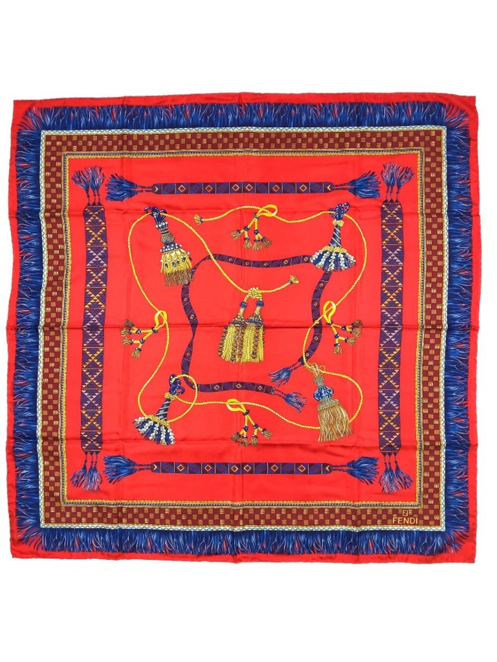 Fendi Fringe Checker Pattern Silk Red Scarf
